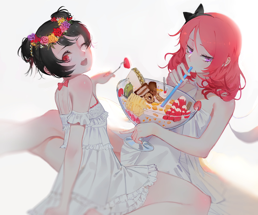 2girls ;d bad_id bad_pixiv_id bare_shoulders black_hair commentary_request double_bun dress flower food fork fruit glass hair_bun hair_flower hair_ornament head_tilt head_wreath hoshimawa looking_at_viewer love_live! love_live!_school_idol_project multiple_girls nishikino_maki one_eye_closed open_mouth purple_eyes red_eyes red_hair simple_background sitting smile strawberry white_background yazawa_nico yuri