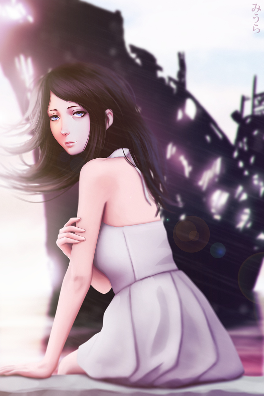 bad_id bad_pixiv_id bare_shoulders black_hair blue_eyes dress female hand_on_own_arm highres long_hair looking_at_viewer looking_back magata_shiki miura-n315 sitting solo subete_ga_f_ni_naru white_dress