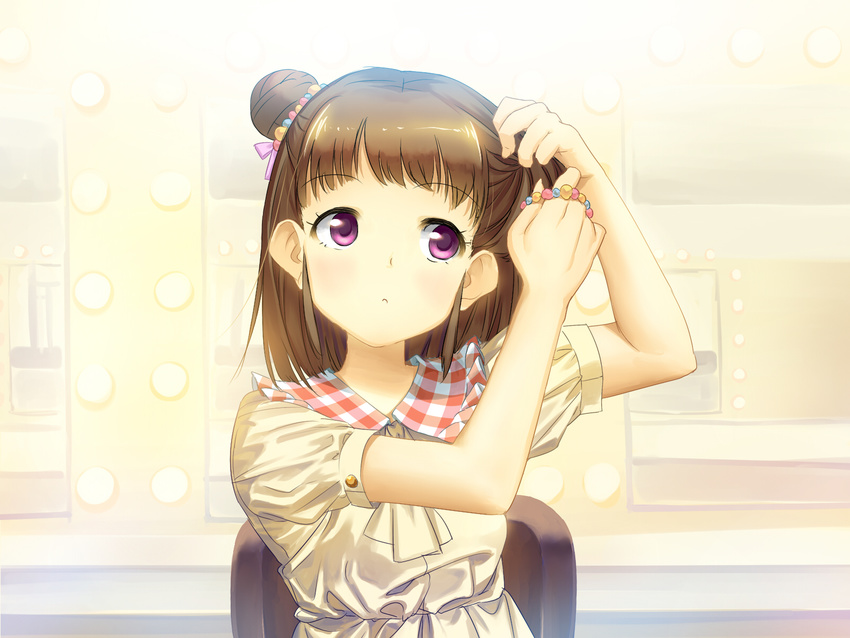 adjusting_hair brown_hair commentary_request double_bun dress female hair_bun highres idolmaster idolmaster_cinderella_girls munakata_atsumi purple_eyes sakuraop solo tying_hair