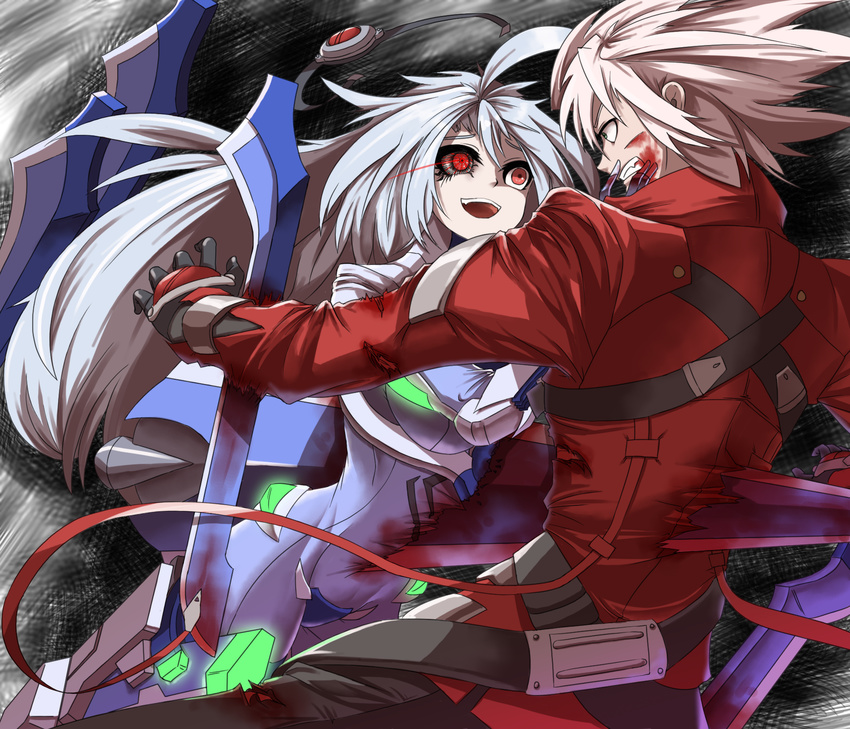 1boy ahoge blazblue braid couple female highres kkumdol long_hair nu-13 ragna_the_bloodedge red_eyes silver_hair single_braid spiked_hair tagme very_long_hair