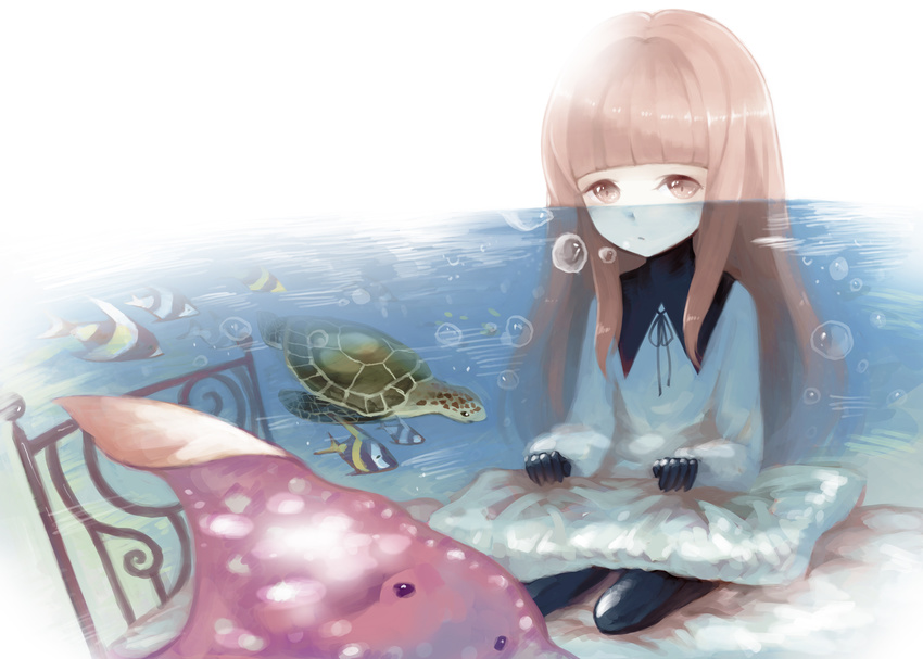 absurdres air_bubble alice_(deemo) bed bubble commentary_request deemo female fish highres looking_at_viewer partially_submerged photoshop_(medium) shokujin_hatefukuchuu solo turtle walking_by_the_sea_(deemo) water