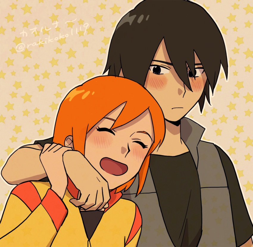 1boy arms_around_neck black_eyes black_hair blush closed_eyes commentary_request facing_viewer female hair_between_eyes kaoru_(mujin_wakusei_survive) long_sleeves luna_(mujin_wakusei_survive) mujin_wakusei_survive orange_hair rakikoko short_hair simple_background smile twitter_username upper_body