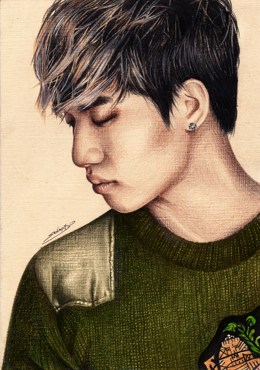 1boy bigbang brown_hair closed_eyes daesung earrings green_shirt highres jewelry k-pop long_sleeves male_focus musician patch photorealistic portrait profile realistic sasha_pak shirt simple_background solo sweater traditional_media two-tone_hair