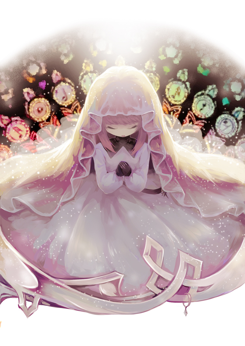 alice_(deemo) closed_eyes commentary_request deemo dress female gloves highres photoshop_(medium) platinum_(deemo) praying shokujin_hatefukuchuu solo veil