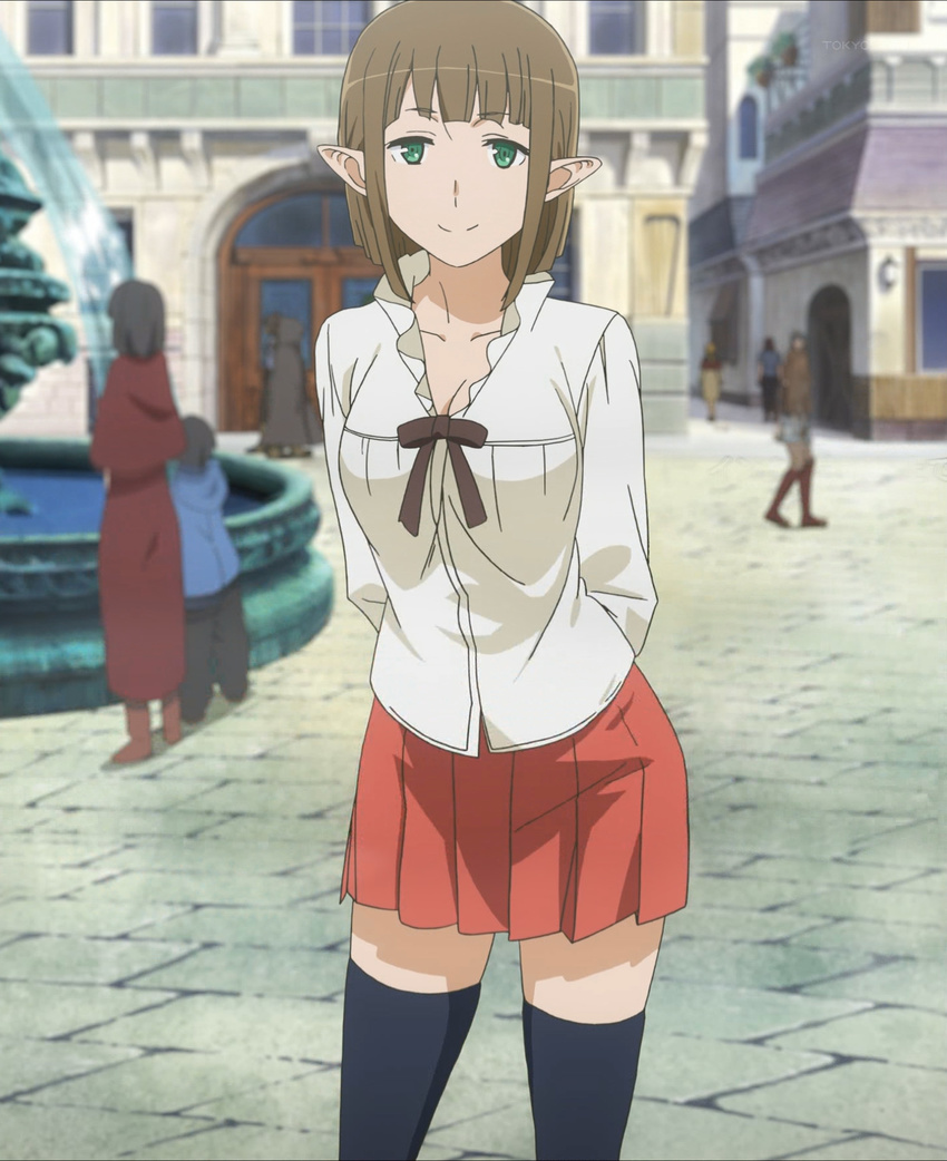 anime_screenshot arms_behind_back black_thighhighs blouse blunt_bangs brown_hair building city dungeon_ni_deai_wo_motomeru_no_wa_machigatteiru_darou_ka eina_tulle elf female fountain green_eyes highres looking_at_viewer outdoors pavement pleated_skirt pointy_ears red_skirt shirt short_hair skirt smile solo standing thighhighs white_shirt