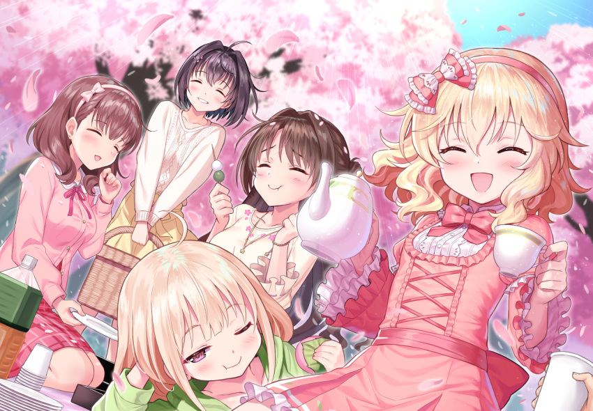 5girls ahoge black_hair blonde_hair blue_sky blush brown_hair center_frills cherry_blossoms closed_eyes commentary_request cross-laced_clothes cup dango day disposable_cup dress dutch_angle food frilled_sleeves frills futaba_anzu hair_intakes hanami idolmaster idolmaster_cinderella_girls kira!_mankai_smile_(idolmaster) kohinata_miho long_hair lying matanonki multiple_girls on_side one_eye_closed open_mouth out_of_frame outdoors petals picnic picnic_basket sakuma_mayu sakurai_momoka sanshoku_dango shimamura_uzuki short_hair sitting sky smile spring_(season) standing teacup teapot wagashi wide_sleeves wing_collar