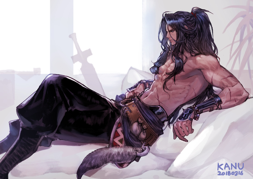 1boy artist_name bag bare_pectorals black_hair commentary crossed_legs dated gauntlets high_ponytail kim_hana long_hair male_focus manly muscular original pants pectorals pillow ponytail scar sitting symbol-only_commentary tail veins very_long_hair weapon window