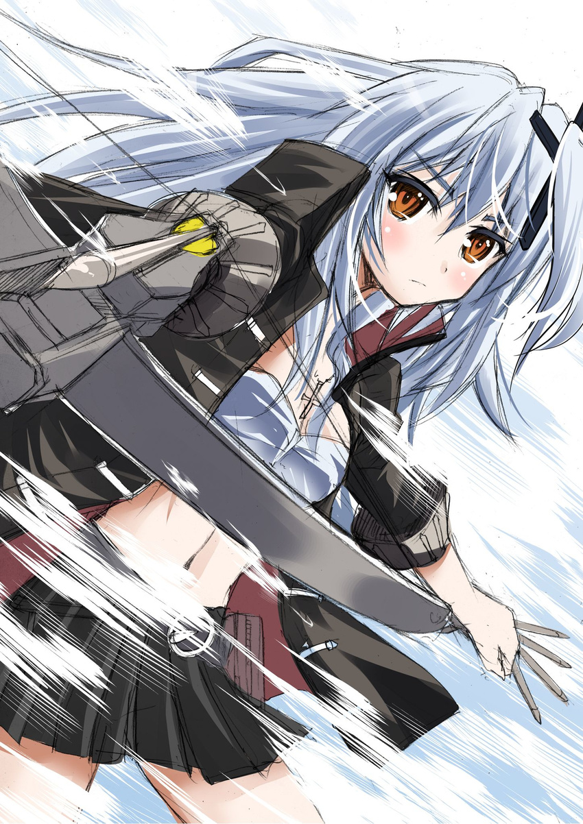 blush commentary_request crossbow female fran_(sennen_sensou_aigis) highres jacket navel orange_eyes pleated_skirt sennen_sensou_aigis skirt stomach tsubakiyama_parry weapon white_hair