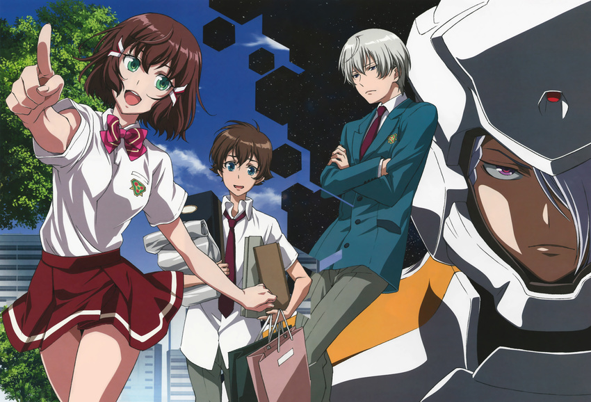 3boys a-drei bag blazer blue_eyes bow bowtie brown_hair crossed_arms day female green_eyes hair_ornament hair_over_one_eye helmet highres jacket kakumeiki_valvrave l-elf miniskirt multiple_boys necktie official_art open_mouth outdoors pointing purple_eyes sashinami_shouko sawada_mika school_uniform shopping_bag short_sleeves silver_hair skirt sky smile spacesuit tokishima_haruto tree