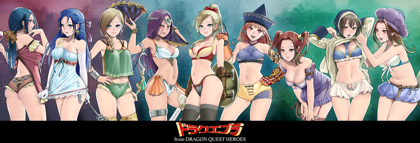 6+girls alcohol alena_(dq4) ass belt bianca_(dq5) bikini bikini_top_only blonde_hair blue_eyes blue_hair bow bow_(weapon) bracelet braid breasts brown_eyes brown_hair character_request circlet cleavage commentary_request cup dragon_quest dragon_quest_heroes dragon_quest_iv dragon_quest_v dragon_quest_viii dress drinking_glass earrings elbow_gloves flora_(dq5) folding_fan gloves green_eyes green_hair hairbow half_updo hand_fan hat hayakawa_pao highres hood jessica_albert jewelry julietta_(dqh) large_breasts leaning_forward long_hair manya_(dq4) meer_(dqh) midriff multiple_girls navel photoshop_(medium) pointy_ears ponytail purple_hair red_eyes ruida shield shorts smile standing swimsuit sword thigh_gap thighhighs thighlet twintails underboob wand weapon wine wine_glass