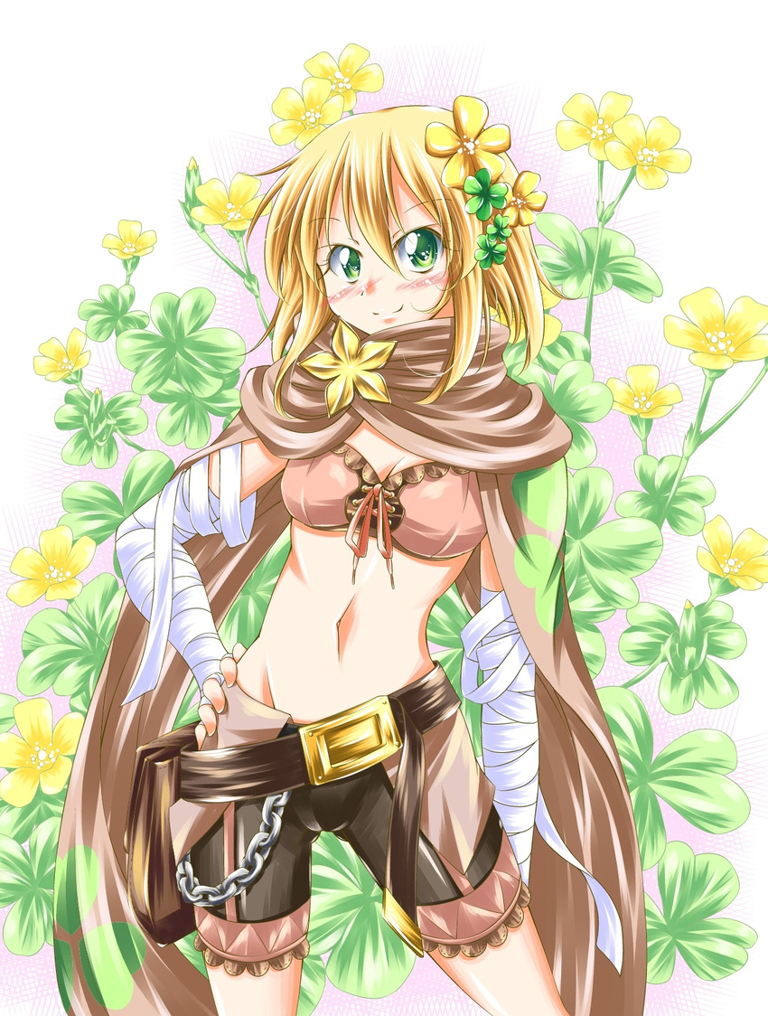 aishuu_karasutengu bad_anatomy bandaged_arm bandages belt blonde_hair blush clover clover_hair_ornament commentary_request cowboy_shot female flower flower_knight_girl green_eyes hair_ornament hand_on_own_hip highres katabami_(flower_knight_girl) looking_at_viewer loose_belt name_connection navel object_namesake scarf short_hair shorts smile solo