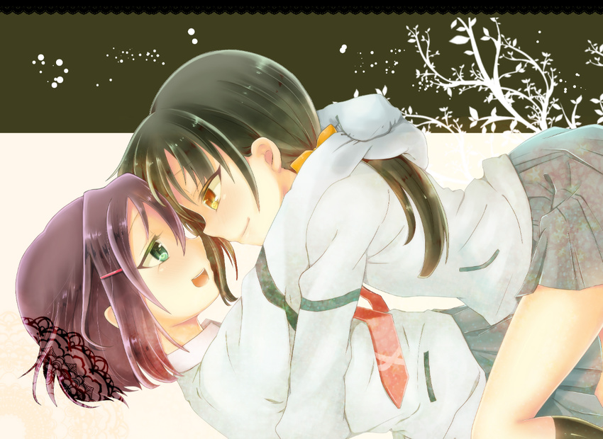 2girls bad_id bad_pixiv_id blush brown_eyes brown_hair cardigan couple eye_contact green_eyes green_hair hair_ornament hairclip happy hug long_hair long_sleeves looking_at_another lying multiple_girls necktie open_mouth pleated_skirt profile saki_(manga) saki_achiga-hen school_uniform shirouzu_mairu short_hair skirt smile ssk_sasasa tsuruta_himeko twintails yuri