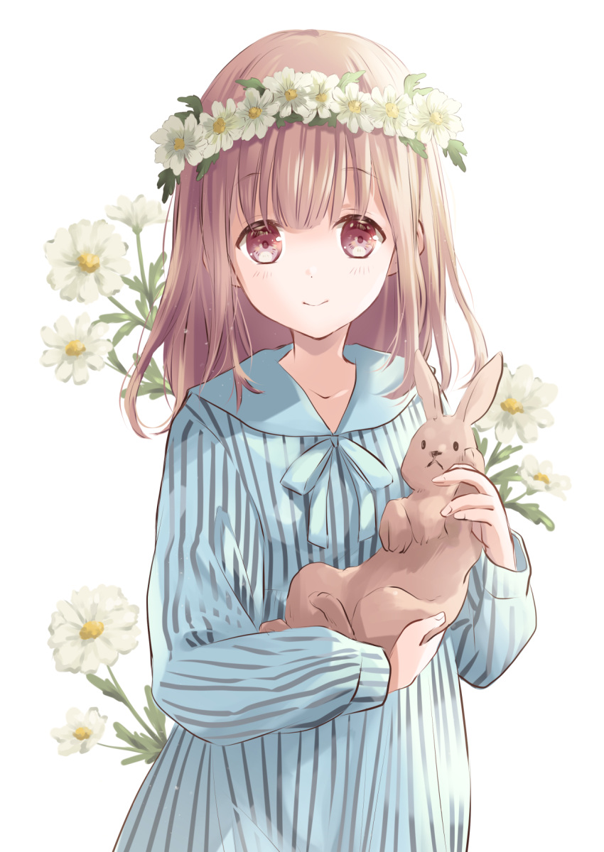 animal arms_up blue_dress brown_eyes commentary daisy dress female floral_background flower head_wreath highres holding holding_animal hoshiibara_mato light_brown_hair long_hair long_sleeves looking_at_viewer original rabbit simple_background smile solo standing striped_clothes striped_dress upper_body vertical-striped_clothes vertical-striped_dress white_background