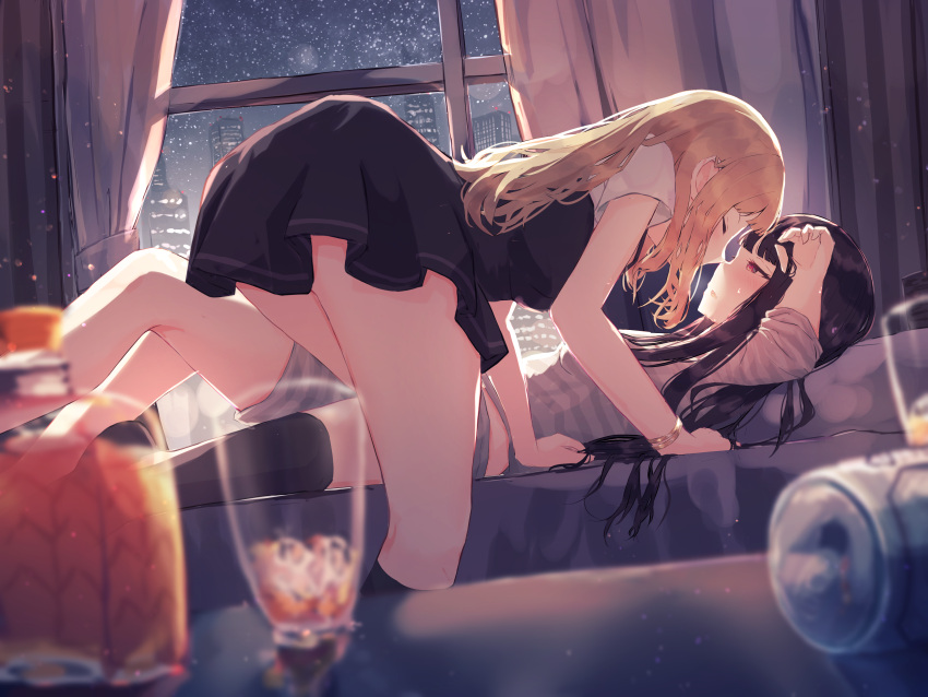 2girls absurdres bed benevole black_dress black_hair black_thighhighs blonde_hair blurry blush closed_eyes cowgirl_position curtains depth_of_field dress highres indoors kissing long_hair long_sleeves looking_at_viewer lying multiple_girls original red_eyes thighhighs window yuri