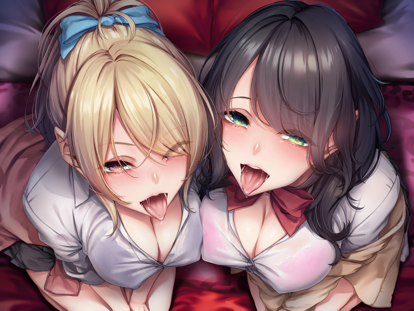 2girls absurdres black_hair blonde_hair blue_bow blush bow bowtie bra breasts brown_eyes cleavage collared_shirt commentary_request dress_shirt eyelashes eyes_visible_through_hair from_above green_eyes grey_skirt hairbow highres kurofude_anna large_breasts long_sleeves looking_at_viewer miniskirt multiple_girls off_shoulder oral_invitation original paid_reward_available pink_bra pleated_skirt ponytail red_bow red_bowtie saliva saliva_trail school_uniform see-through see-through_shirt shirt skirt teeth thighhighs tongue tongue_out underwear white_shirt wing_collar