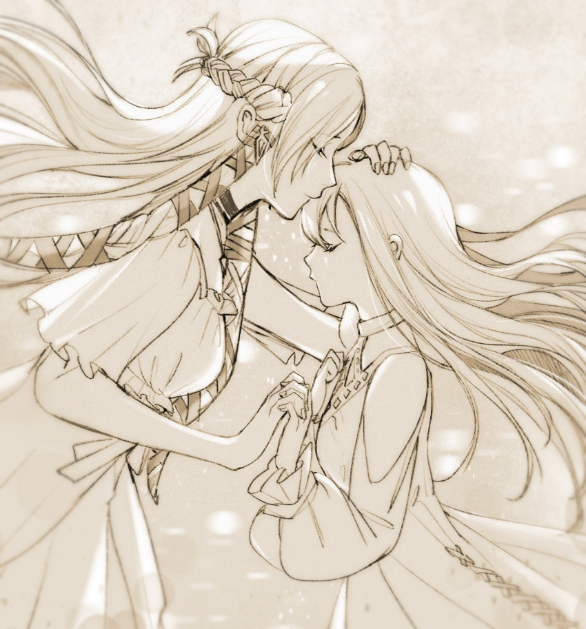 2girls chinese_commentary closed_eyes closed_mouth commentary_request dress final_fantasy final_fantasy_xiv floating_hair from_side greyscale half_updo hand_on_another's_head highres holding_hands hyur kissing kissing_forehead long_hair minfilia_warde monochrome multiple_girls off-shoulder_dress off_shoulder profile ryne_waters simite