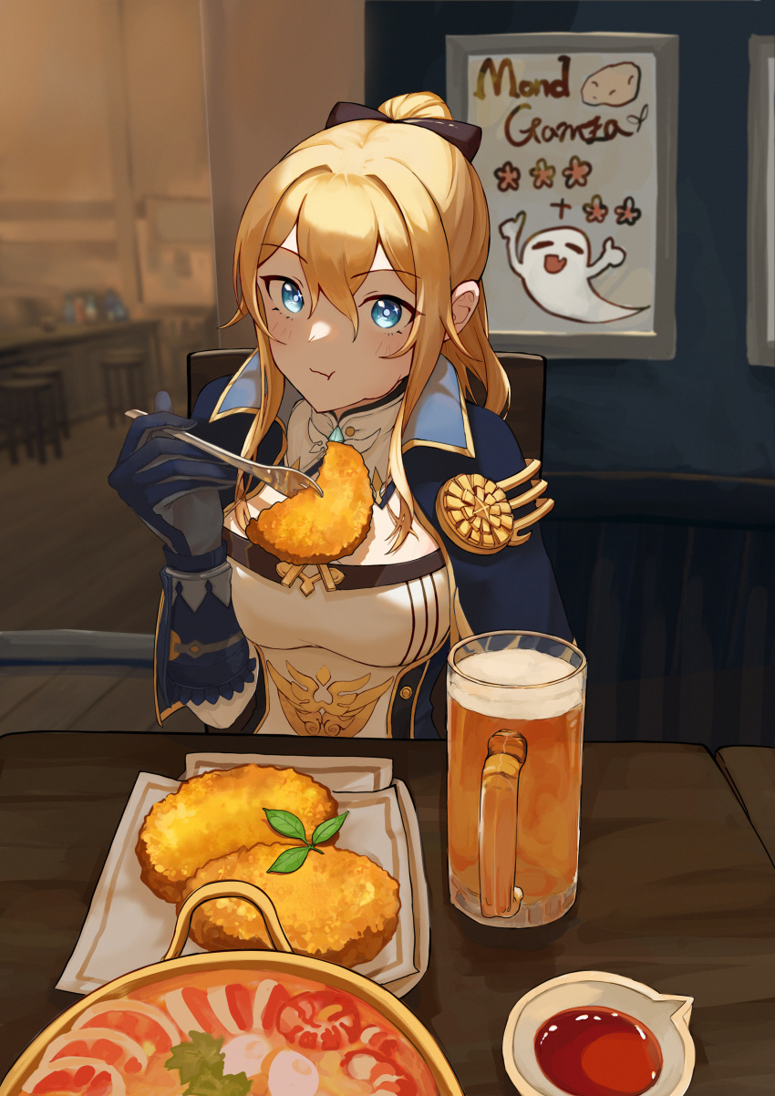 absurdres adeptus'_temptation_(genshin_impact) alcohol beer_mug blonde_hair blue_eyes blush bow bowl breasts capelet cup drink eating female food fork genshin_impact ghost hairbow hash_browns highres indoors jean_(genshin_impact) looking_at_viewer mug non09_24 ponytail poster_(object) sitting solo table