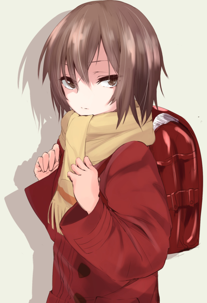 adjusting_strap backpack bag boku_dake_ga_inai_machi brown_eyes brown_hair closed_mouth coat commentary curled_fingers drop_shadow expressionless female from_side highres hinazuki_kayo holding_strap kasyo long_sleeves looking_at_viewer looking_to_the_side narrowed_eyes randoseru red_bag red_coat scarf short_hair solo upper_body white_background yellow_scarf