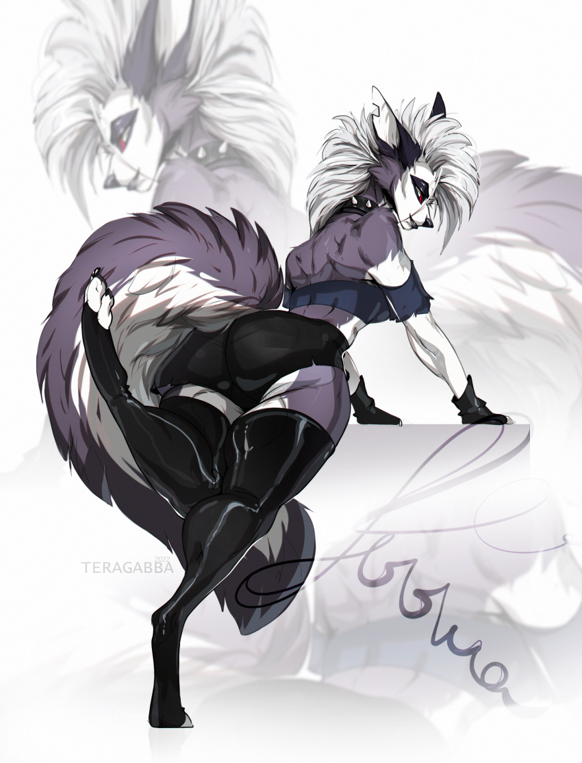 absurd_res anthro ass big_butt canid canid_demon canine canis collar deathhawk demon female hellhound helluva_boss hi_res latex loona_(helluva_boss) mammal mythological_canine mythological_creature mythology simple_background solo tagme teragabba thick_thighs wide_hips wolf