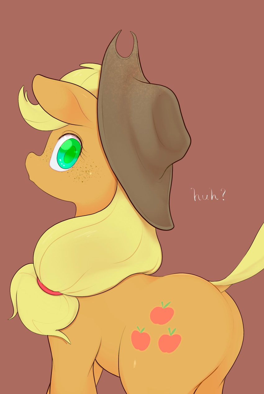 2023 absurd_res applejack_(mlp) ass blonde_hair brown_background brown_clothing brown_hat brown_headwear clothing cowboy_hat digital_drawing_(artwork) digital_media_(artwork) dock_(anatomy) earth_pony equid equine female feral freckles friendship_is_magic green_eyes green_pupils hair hasbro hat headgear headwear hi_res horse looking_at_viewer looking_back looking_back_at_viewer mammal my_little_pony noupu1115 orange_body pony ponytail pupils quadruped simple_background solo tail