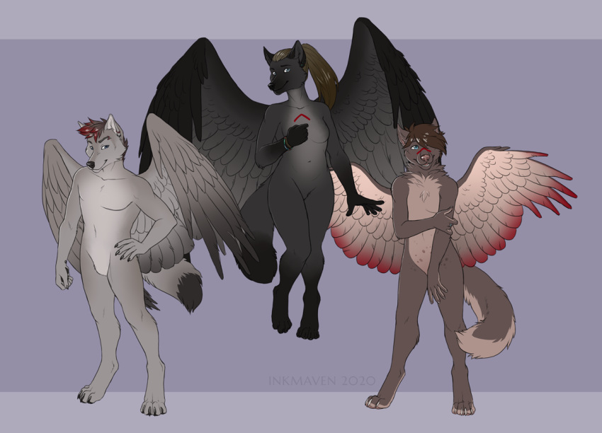 2020 4_toes 5_fingers anthro black_body black_feathers breasts brown_hair canid canine canis digital_media_(artwork) feathered_wings feathers featureless_breasts featureless_crotch feet female fingers hair inkmaven male mammal nude toes wings wolf