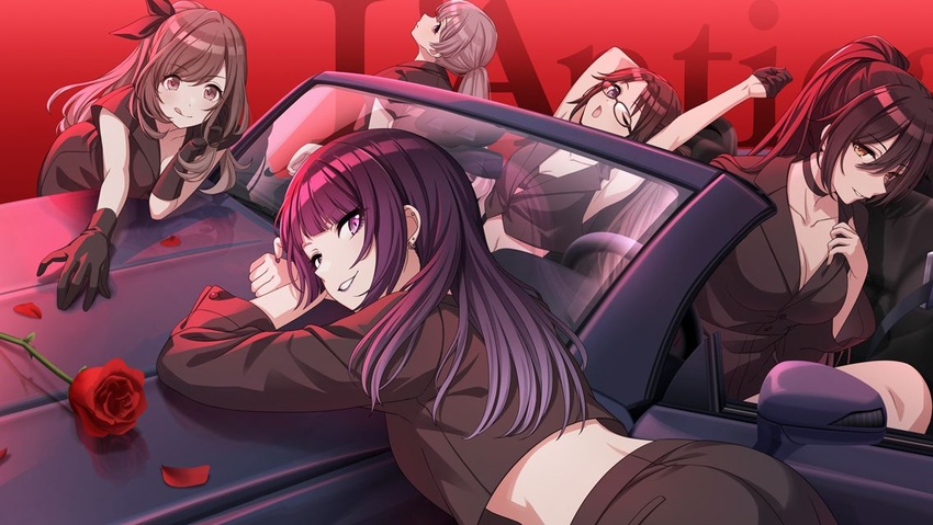 5girls :q ;o armpit_peek ass back bent_over black_bow black_choker black_gloves black_jacket black_pants black_tube_top blunt_bangs bow breasts brown_eyes brown_hair car choker cleavage collarbone commentary convertible cropped_jacket ear_piercing earrings english_text flower game_cg glasses gloves gradient_hair grin hairbow half_gloves hand_in_own_hair head_tilt idolmaster idolmaster_shiny_colors jacket jewelry l'antica_(idolmaster) lapels large_breasts leaning_forward light_brown_hair long_hair long_sleeves looking_at_viewer midriff mitsumine_yuika motor_vehicle multicolored_hair multiple_girls navel notched_lapels official_art on_vehicle one_eye_closed open_mouth pants petals piercing ponytail profile purple_eyes purple_hair purple_lips reaching red_background red_flower red_rose rose rose_petals shirase_sakuya sideways_glance sleeveless sleeveless_jacket small_breasts smile steering_wheel strapless stretching tanaka_mamimi tongue tongue_out tsukioka_kogane tube_top yellow_eyes yukoku_kiriko