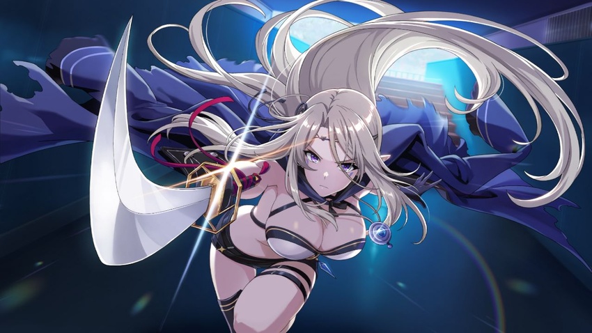 asymmetrical_legwear beatrix_(kage_no_jitsuryokusha_ni_naritakute!) bikini bikini_top_only blonde_hair breasts cleavage elf female game_cg gleam holding holding_sword holding_weapon jacket jewelry kage_no_jitsuryokusha_ni_naritakute! katana large_breasts legband long_hair midriff necklace non-web_source open_clothes open_jacket pointing_sword pointy_ears purple_eyes serious short_shorts shorts single_thighhigh solo swimsuit sword thighhighs very_long_hair weapon