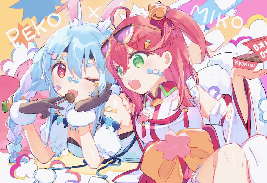 2girls ahoge animal_ears bandaid bandaid_on_face bandaid_on_nose bandana bell black_bandana blue_hair box box_of_chocolates braid brown_gloves candy carrot_hair_ornament character_name colorful commentary detached_sleeves dress eating feet_out_of_frame food food-themed_hair_ornament fur_gloves gloves green_eyes hair_bell hair_ornament hairclip highres holding holding_candy holding_food hololive long_hair lying lying_on_another medium_hair multicolored_hair multiple_girls nontraditional_miko obi on_stomach one_eye_closed open_mouth pink_hair puffy_sleeves rabbit_ears red_eyes red_hair sakura_miko sakura_miko_(1st_costume) sash sidelocks sitting teeth twin_braids upper_teeth_only usada_pekora usada_pekora_(1st_costume) virtual_youtuber white_dress white_hair wide_sleeves x_hair_ornament zuho_(vega)