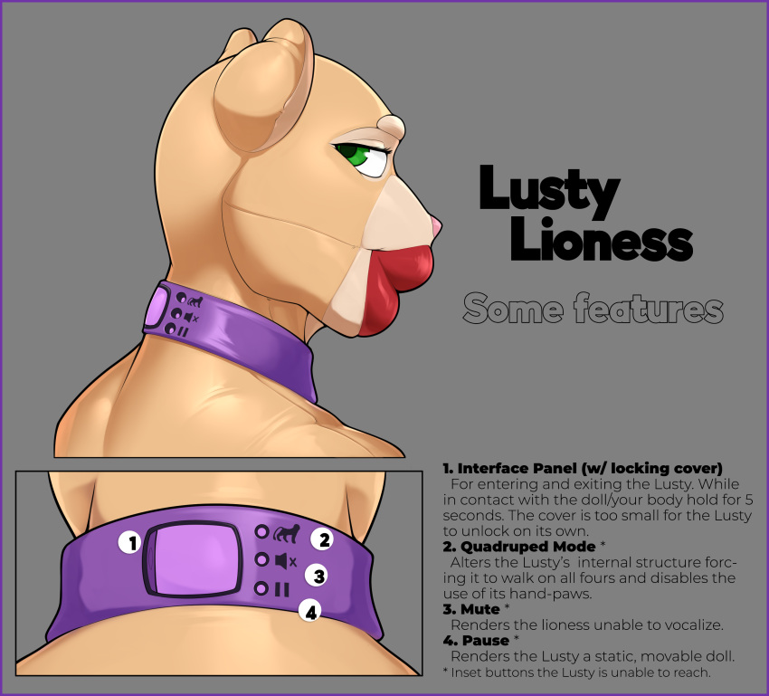 absurd_res anthro badroy bondage bondage border bound collar control_panel english_text felid female green_eyes hi_res latex lion lips lusty_lioness_(badroy) mammal pantherine purple_border sex_doll solo surrogate text thick_lips