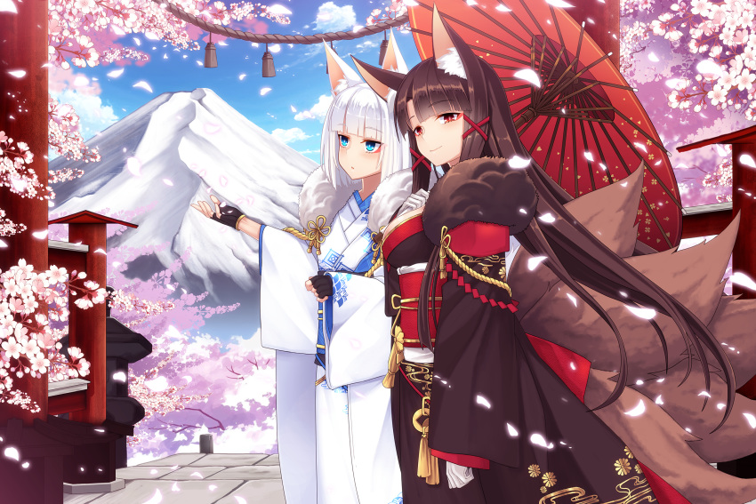 2girls akagi_(azur_lane) akagi_(plum_and_snow)_(azur_lane) animal_ears azur_lane blue_eyes blush breasts brown_hair cherry_blossoms fingerless_gloves fox_ears fox_girl fox_tail gloves hair_ornament hairclip highres japanese_clothes kaga_(azur_lane) kaga_(white_fox's_new_year)_(azur_lane) kimono large_breasts long_hair looking_at_viewer mountain multiple_girls multiple_tails official_alternate_costume oil-paper_umbrella open_mouth outdoors red_eyes short_hair smile tail tree uiu umbrella white_hair wide_sleeves