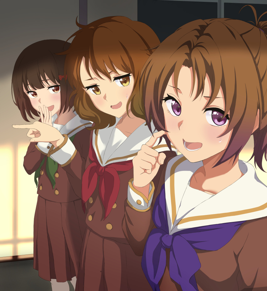 3girls :d absurdres blue_neckerchief brown_eyes brown_hair gekijouban_hibike!_euphonium green_neckerchief hibike!_euphonium highres hisaishi_kanade kitauji_high_school_uniform looking_at_viewer multiple_girls nakagawa_natsuki neckerchief open_mouth oumae_kumiko pleated_skirt pointing ponytail purple_eyes raku_rakugaki red_neckerchief school_uniform serafuku short_hair skirt smile sweatdrop