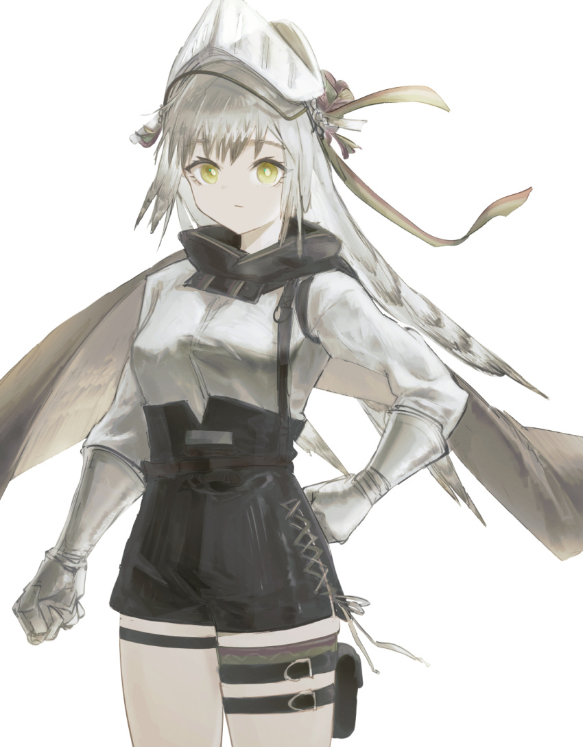 aiv arknights black_shorts breasts commentary cowboy_shot fartooth_(arknights) female gloves grey_gloves grey_hair grey_shirt hand_on_own_hip high-waist_shorts highres long_hair long_sleeves looking_at_viewer medium_breasts pouch shirt shorts simple_background solo standing thigh_strap thighs very_long_hair white_background yellow_eyes