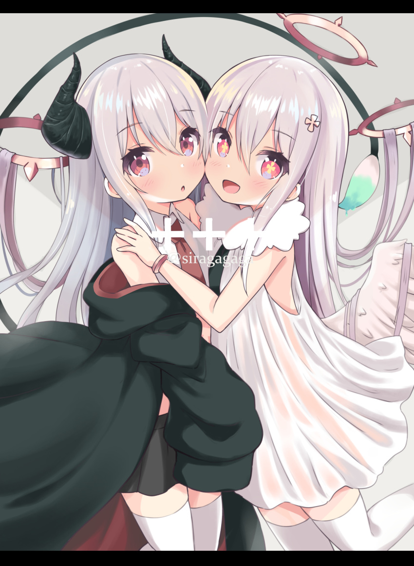 2girls :d :o angel angel_and_devil angel_wings bad_id bad_pixiv_id bare_shoulders black_jacket black_skirt blush collared_shirt commentary_request curled_horns demon_horns dress feathered_wings grey_background hair_between_eyes halo hand_on_another's_shoulder highres horns jacket letterboxed long_sleeves looking_at_viewer multiple_girls necktie off_shoulder open_clothes open_jacket open_mouth original parted_lips pleated_skirt red_eyes red_necktie shiraga_(siragagaga) shirt siragagaga skirt sleeveless sleeveless_dress sleeves_past_fingers sleeves_past_wrists smile symbol-shaped_pupils thighhighs twitter_username white_dress white_hair white_legwear white_shirt white_wings wings