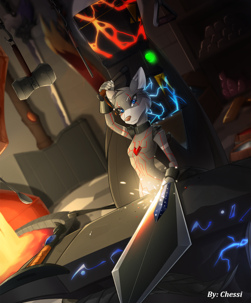 2022 anthro blue_eyes breasts canid canine chessi clothed clothing digital_media_(artwork) eyebrows eyelashes female fur grey_body grey_fur hi_res holding_melee_weapon holding_object holding_sword holding_weapon mammal melee_weapon solo sword weapon