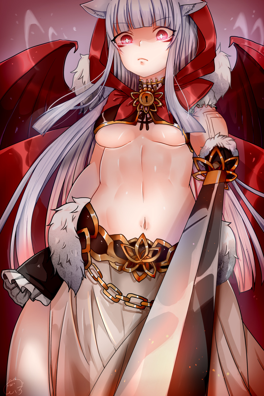 absurdres animal_ears blunt_bangs breasts capelet chains choker cloak demon_wings female fur_trim gloves glowing glowing_eyes highres holding holding_sword holding_weapon hood hood_up hooded_cloak keyhole kokonoeshiichi kureha_(666)_(sound_voltex) kureha_(sound_voltex) long_hair looking_at_viewer medium_breasts midriff navel pointing_sword red_capelet red_eyes signature solo sound_voltex sword tail underboob very_long_hair weapon white_hair wings wolf_ears wolf_tail