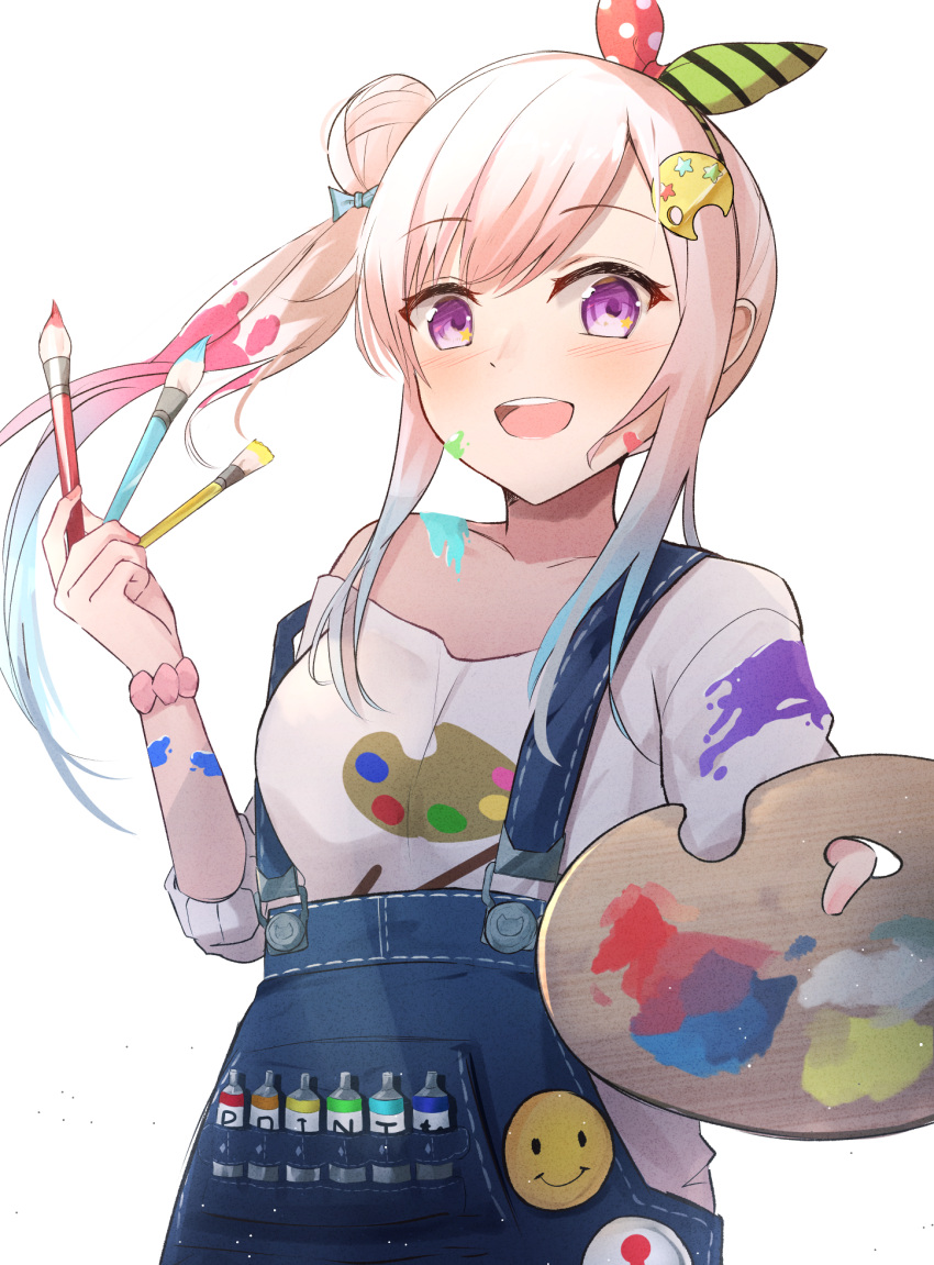 airani_iofifteen airani_iofifteen_(1st_costume) blue_overalls bow buttons collarbone female gradient_hair hair_behind_ear hair_bun hairbow highres holding holding_paintbrush hololive hololive_indonesia looking_at_viewer multicolored_hair off-shoulder_shirt off_shoulder open_mouth overalls paint_in_hair paint_on_body paint_on_clothes paint_splatter paint_splatter_on_face paint_tube paintbrush palette_(object) palette_hair_ornament pink_hair print_shirt purple_eyes scrunchie shirt shuuzo3 sidelocks single_side_bun smile solo virtual_youtuber white_background white_shirt