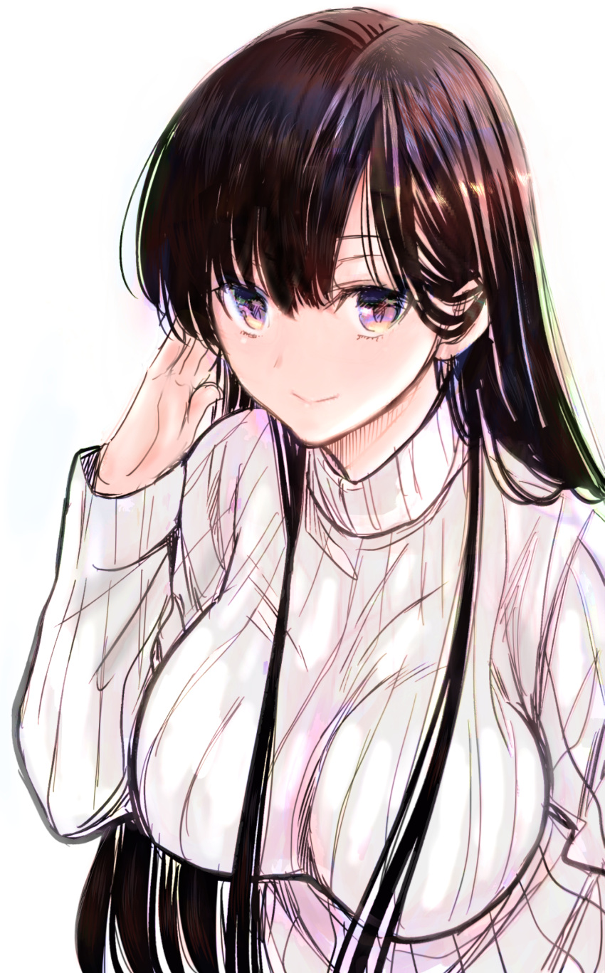 absurdres black_hair breasts closed_mouth danshi_koukousei_o_yashinaitai_onee-san_no_hanashi female hair_between_eyes highres jmdyer000 kanemochi_shiori long_hair purple_eyes ribbed_sweater simple_background smile solo sweater upper_body white_background white_sweater