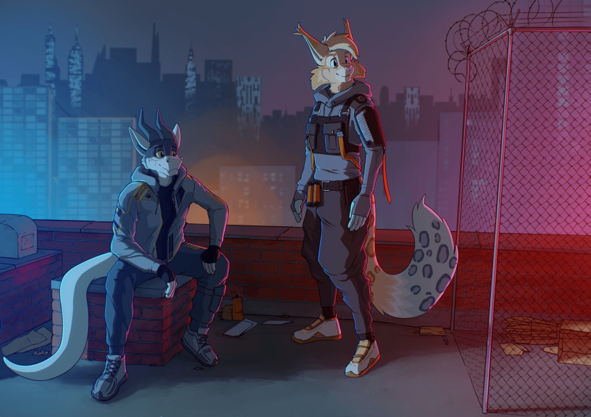 anthro clothing cyberpunk dpakollia dragon duo engi_cat english_text felid feline fur furred_dragon furred_scalie hi_res hybrid leopard lynx male male/male mammal mythological_creature mythological_scalie mythology oliverxyz pantherine scalie text