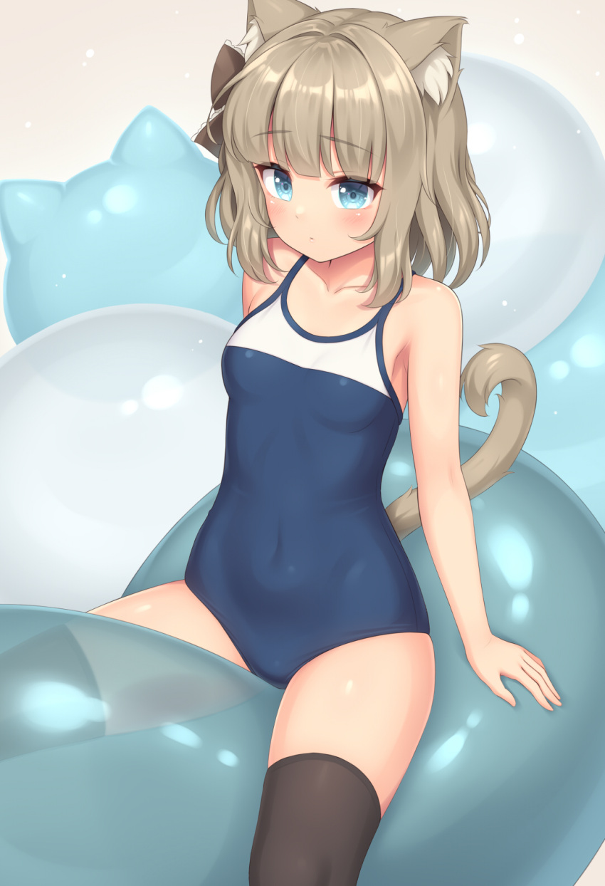 animal_ear_fluff animal_ears bare_shoulders black_thighhighs blue_eyes blue_one-piece_swimsuit blunt_bangs blush bow breasts cat_ears cat_tail collarbone commentary competition_school_swimsuit covered_nipples cowboy_shot female hair_ornament hairbow highres light_brown_hair looking_at_viewer one-piece_swimsuit original sasaame school_swimsuit short_hair simple_background small_breasts solo straddling swimsuit symbol-only_commentary tail thighhighs white_one-piece_swimsuit