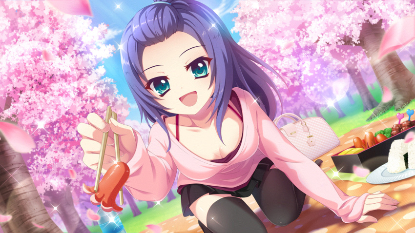 :d all_fours alternate_hairstyle aqua_eyes bag bento black_skirt black_thighhighs blue_hair blue_sky bottle breasts broccoli camisole cherry_blossoms cherry_tree chopsticks cleavage cloud collarbone day dot_nose dutch_angle falling_petals female film_grain food food_art forehead game_cg grass hair_slicked_back handbag holding holding_chopsticks honjou_kasumi incoming_food izumi_tsubasu lens_flare long_hair long_sleeves looking_at_viewer medium_breasts miniskirt no_shoes non-web_source official_art on_ground onigiri open_mouth outdoors paper_plate petals picnic_blanket pink_bag pink_petals pink_shirt plate polka_dot polka_dot_blanket purple_camisole re:stage! scoop_neck shirt skewer skirt sky smile solo spaghetti_strap sparkle tako-san_wiener thighhighs tree water_bottle zettai_ryouiki