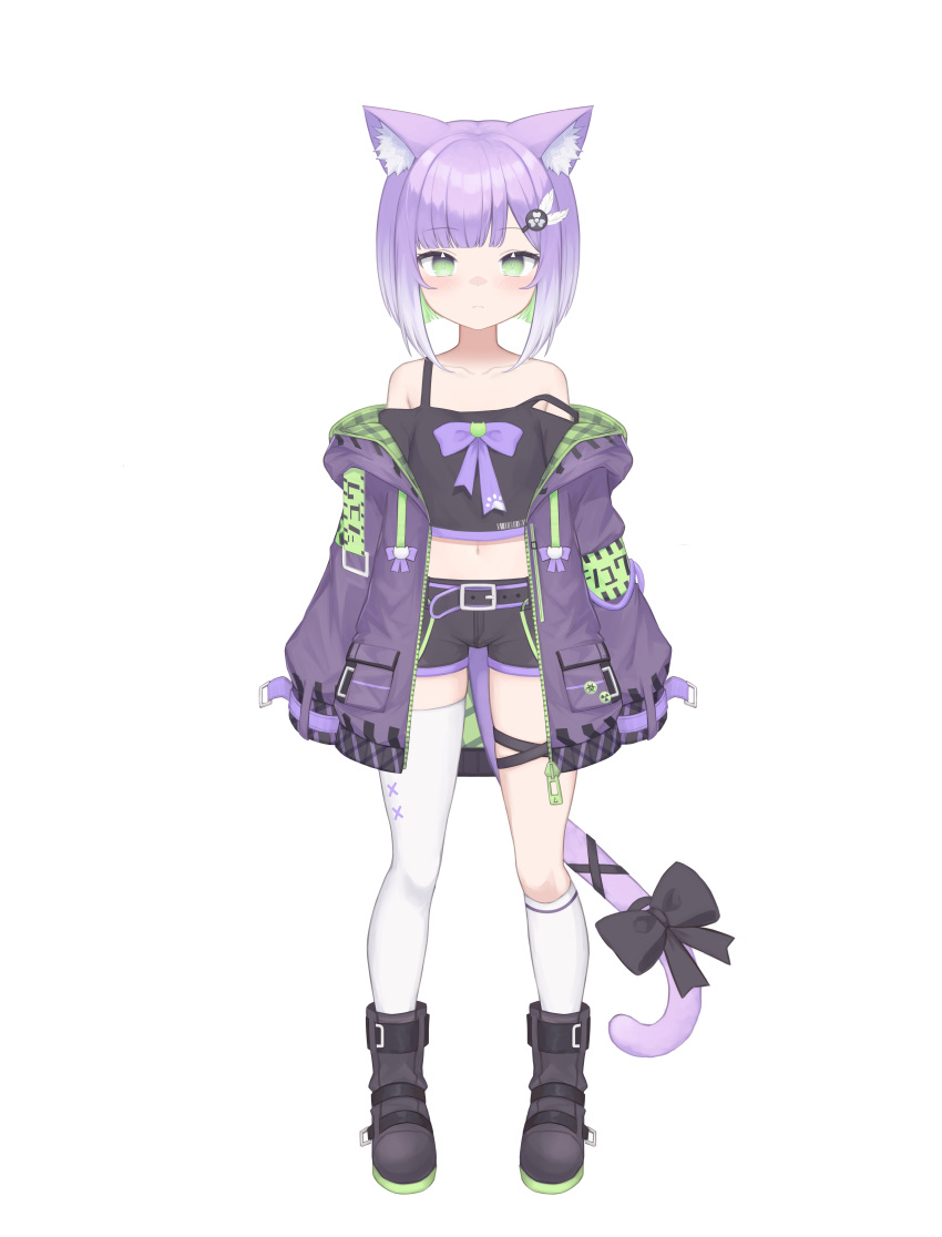 absurdres animal_ear_fluff animal_ears bare_shoulders black_bow black_footwear black_shorts blush boots bow cat_ears cat_tail collarbone colored_inner_hair female flat_chest full_body green_eyes green_hair hair_ornament hairclip highres incredibly_absurdres indie_virtual_youtuber jacket klaius kneehighs knees long_sleeves looking_at_viewer medium_hair midriff multicolored_hair navel off_shoulder official_art open_clothes open_jacket purple_bow purple_hair purple_jacket second-party_source shoes short_shorts shorts shwaa simple_background single_thighhigh sleeves_past_fingers sleeves_past_wrists socks solo stomach straight-on strap_slip tail tail_bow tail_ornament thigh_strap thighhighs transparent_background virtual_youtuber