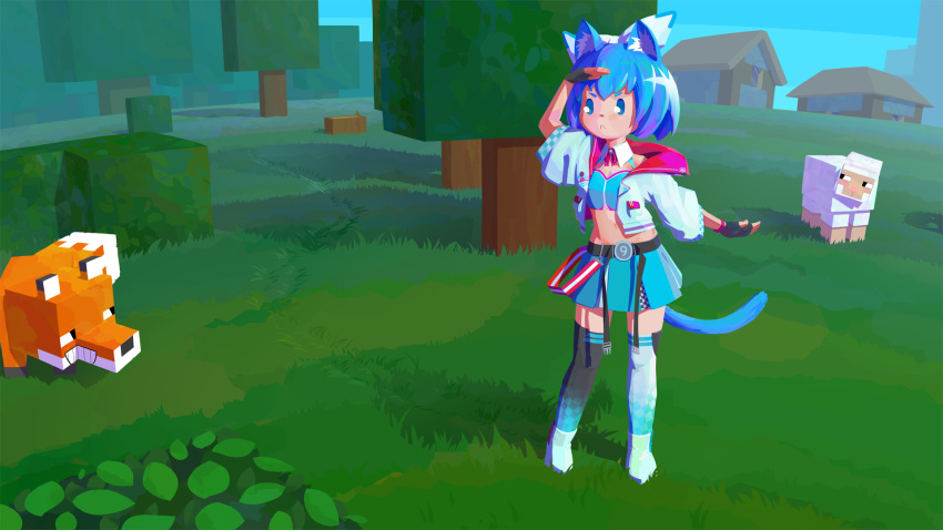 :< alternate_costume animal_ears antinoya asymmetrical_legwear black_gloves black_socks blue_bra blue_skirt blue_socks bra cat_ears cat_girl cat_tail circled_9 cirno closed_mouth crossover day female fingerless_gloves fox fox_(minecraft) full_body gloves grass highres house jacket looking_afar medium_bangs midriff minecraft mismatched_legwear navel open_clothes open_jacket outdoors shading_eyes sheep sheep_(minecraft) short_hair skirt socks solo standing tail touhou tree underwear white_jacket