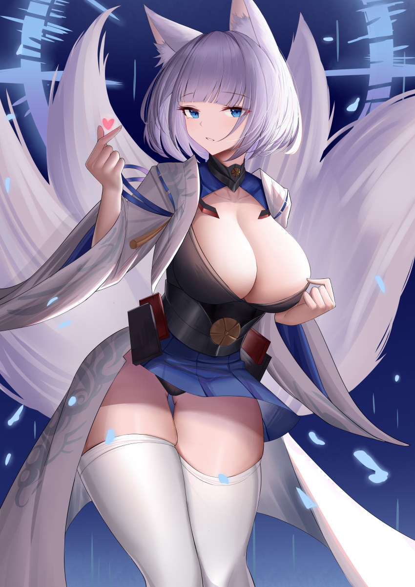 absurdres animal_ears azur_lane black_panties blue_eyes blue_skirt breasts cleavage female finger_heart fox_ears fox_girl fox_tail highres japanese_clothes kaga_(azur_lane) kimono kitsune kyuubi lahz52 large_breasts large_tail looking_at_viewer metal_belt miniskirt multiple_tails panties pantyshot pleated_skirt sakuramon short_hair skirt solo tail tank_top thighhighs underwear white_hair white_kimono white_tail white_tank_top white_thighhighs wide_sleeves