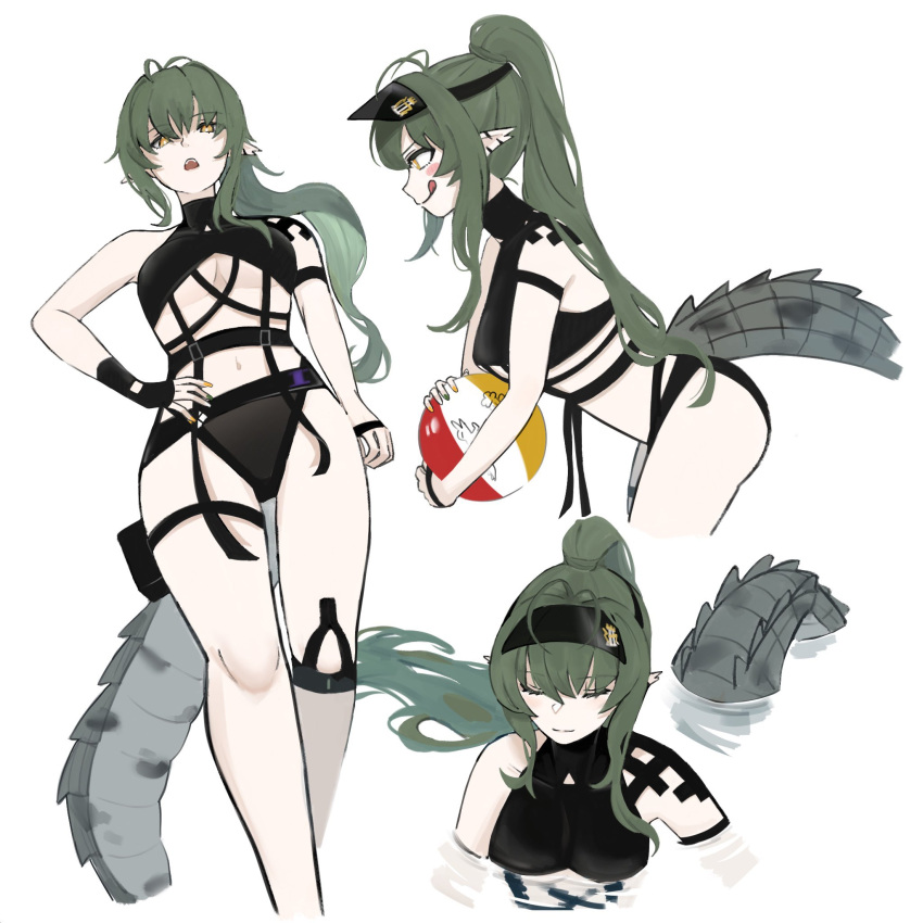 antenna_hair arknights belt bikini black_bikini crocodilian crocodilian_tail female gavial_(arknights) green_hair green_tail hg4gv high_ponytail highres large_tail lizard_tail navel ponytail simple_background solo strap swimsuit tail white_background yellow_eyes