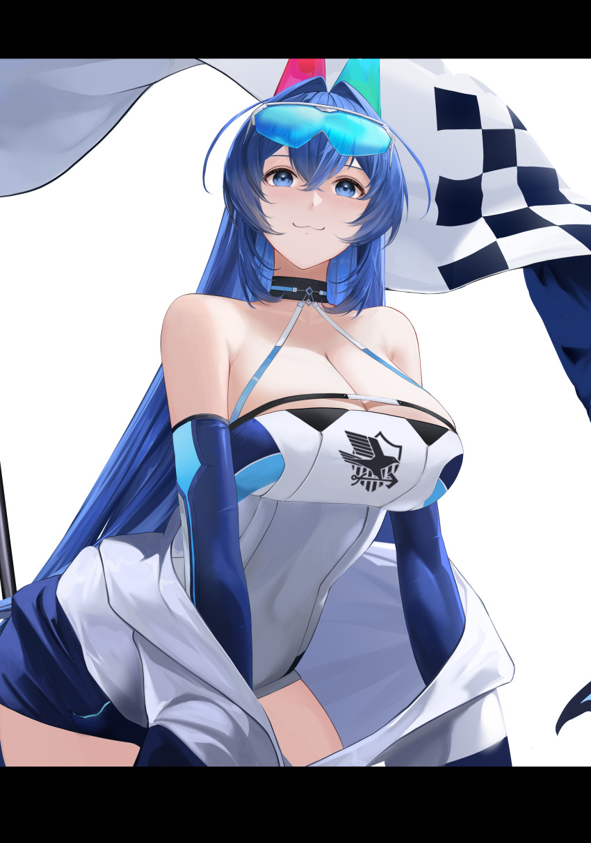 :3 absurdres alternate_costume azur_lane blue-tinted_eyewear blue_eyes blue_hair breasts cleavage cowboy_shot detached_collar detached_sleeves eagle_union_(emblem) female from_below goggles goggles_on_head hair_intakes highres huge_breasts jacket leaning_forward long_hair looking_at_viewer looking_down new_jersey_(azur_lane) race_queen scarfpen01 simple_background solo taut_clothes tinted_eyewear very_long_hair white_background white_jacket