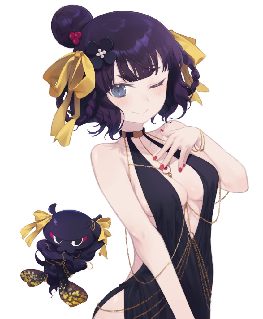 absurdres bare_shoulders bb_(fate) bb_dubai_(fate) bb_dubai_(fate)_(cosplay) belly_chain black_dress blue_eyes blush braid braided_hair_rings breasts center_opening cleavage cosplay daisi_gi dress fate/grand_order fate_(series) female hair_bun hair_ornament hair_ribbon highres jewelry katsushika_hokusai_(fate) looking_at_viewer medium_breasts necklace octopus one_eye_closed purple_hair ribbon short_hair side_slit smile tokitarou_(fate) twin_braids yellow_ribbon