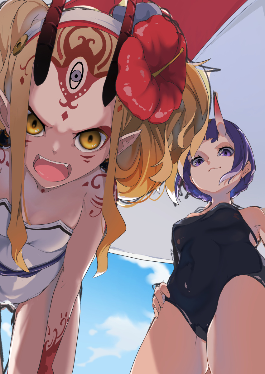 2girls absurdres black_one-piece_swimsuit blonde_hair body_markings facial_mark fangs fate/grand_order fate_(series) flower hair_flower hair_ornament hairband hibiscus highres horns ibaraki_douji_(fate) ibaraki_douji_(swimsuit_lancer)_(fate) ibaraki_douji_(swimsuit_lancer)_(second_ascension)_(fate) looking_at_viewer looking_down multiple_girls one-piece_swimsuit oni open_mouth purple_eyes purple_hair red_flower shuten_douji_(fate) skin-covered_horns swimsuit terasako white_one-piece_swimsuit yellow_eyes