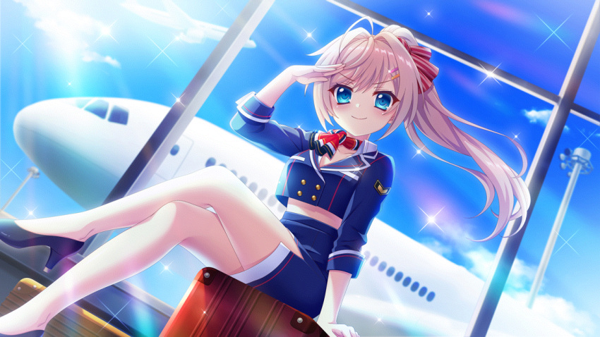 >:) ahoge aircraft airplane airport arm_support bare_legs black_footwear blue_eyes blue_skirt blue_sky bow breasts buttons closed_mouth cloud collarbone crop_top crop_top_overhang crossed_legs day dot_nose double-breasted dutch_angle female film_grain flight_attendant game_cg hair_intakes hair_ornament hairbow hairclip high_heels high_ponytail himura_nagisa indoors izumi_tsubasu large_bow long_hair medium_breasts midriff non-web_source official_art on_suitcase pencil_skirt pink_hair pumps re:stage! red_bow red_scarf salute scarf side_slit sitting skirt sky smile sparkle striped_bow suitcase swept_bangs travel_attendant v-shaped_eyebrows