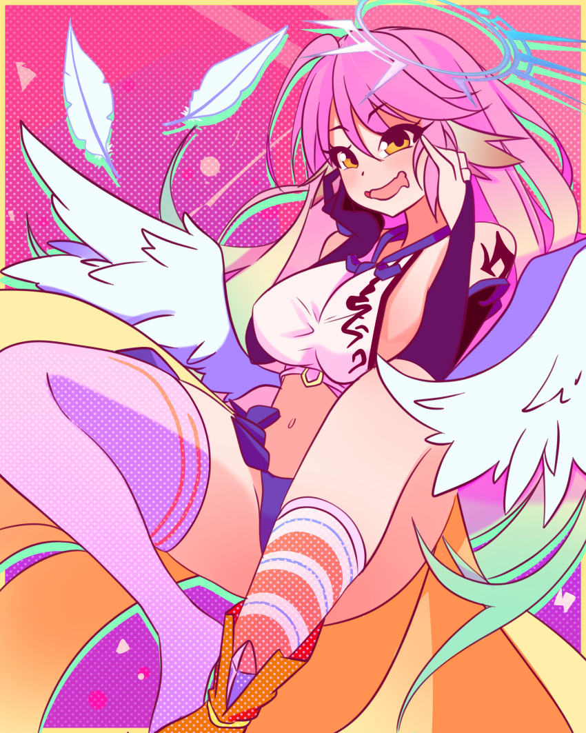 absurdres angel angel_wings animal_ears asymmetrical_gloves asymmetrical_legwear bird_ears breasts bridal_gauntlets commentary drooling feathered_wings feathers female gradient_hair halo highres jibril_(no_game_no_life) large_breasts long_hair looking_at_viewer low_wings magic_circle mismatched_legwear mouth_drool multicolored_hair navel no_game_no_life open_mouth pink_hair shoes sideboob single_bridal_gauntlet single_shoe single_sock single_thighhigh smile socks solo spiked_halo tattoo thenamesdai thighhighs thighs very_long_hair white_wings wing_ears wings yellow_eyes