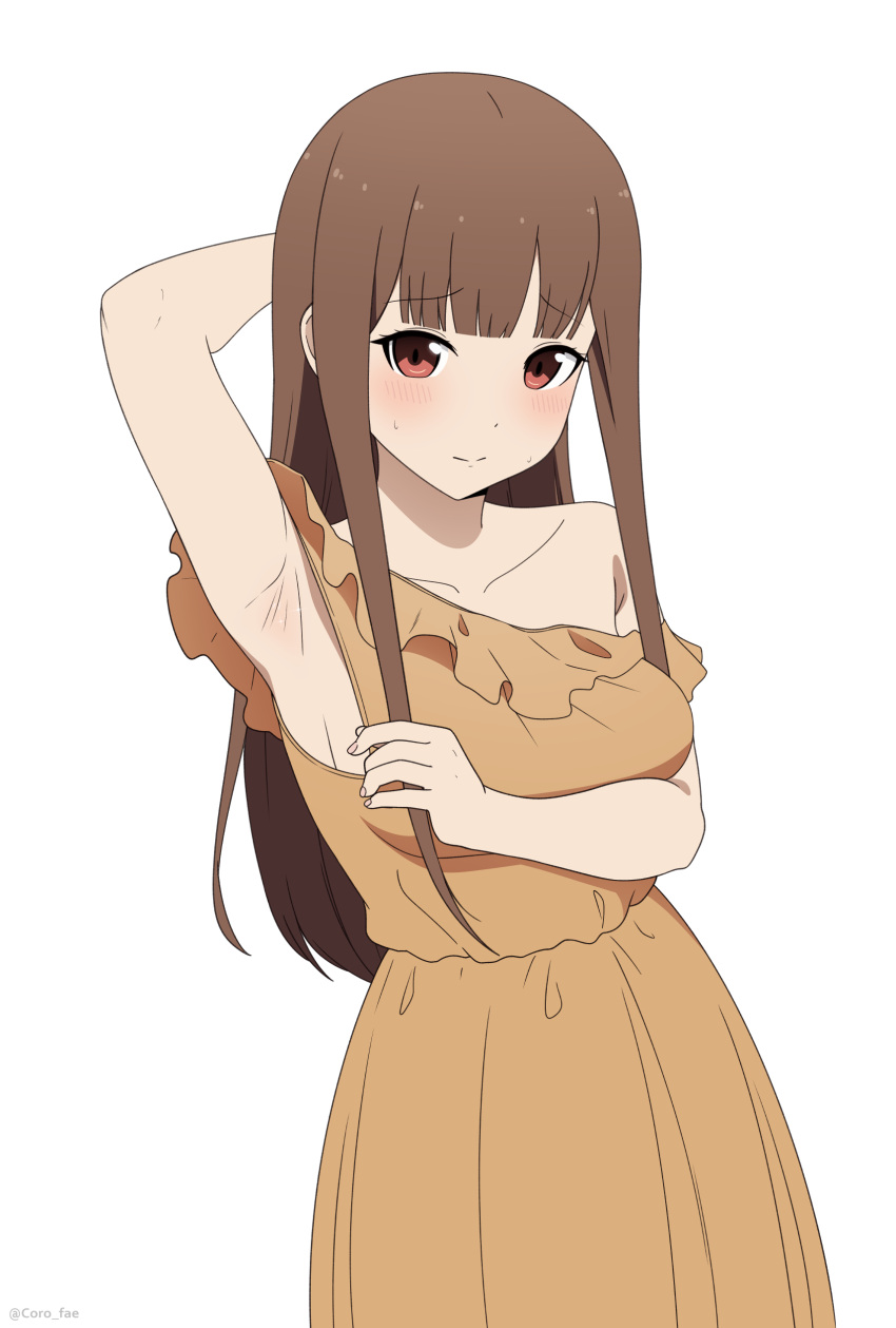 absurdres arm_up armpits blush breasts brown_dress brown_eyes brown_hair coro_fae dress female highres iino_miko kaguya-sama_wa_kokurasetai_~tensai-tachi_no_renai_zunousen~ large_breasts long_hair looking_at_viewer presenting_armpit simple_background solo sweat white_background